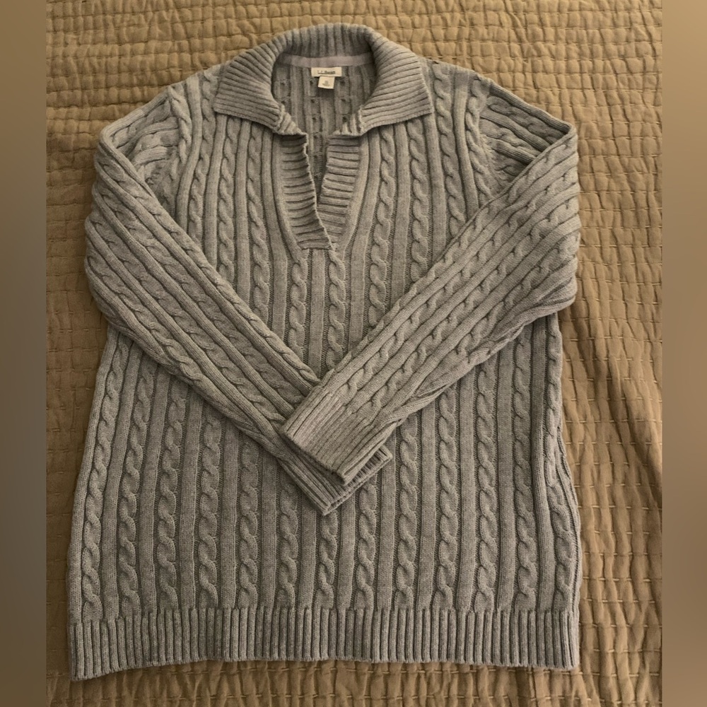 L.L. Bean Grey Cabled Cotton Collar Sweater